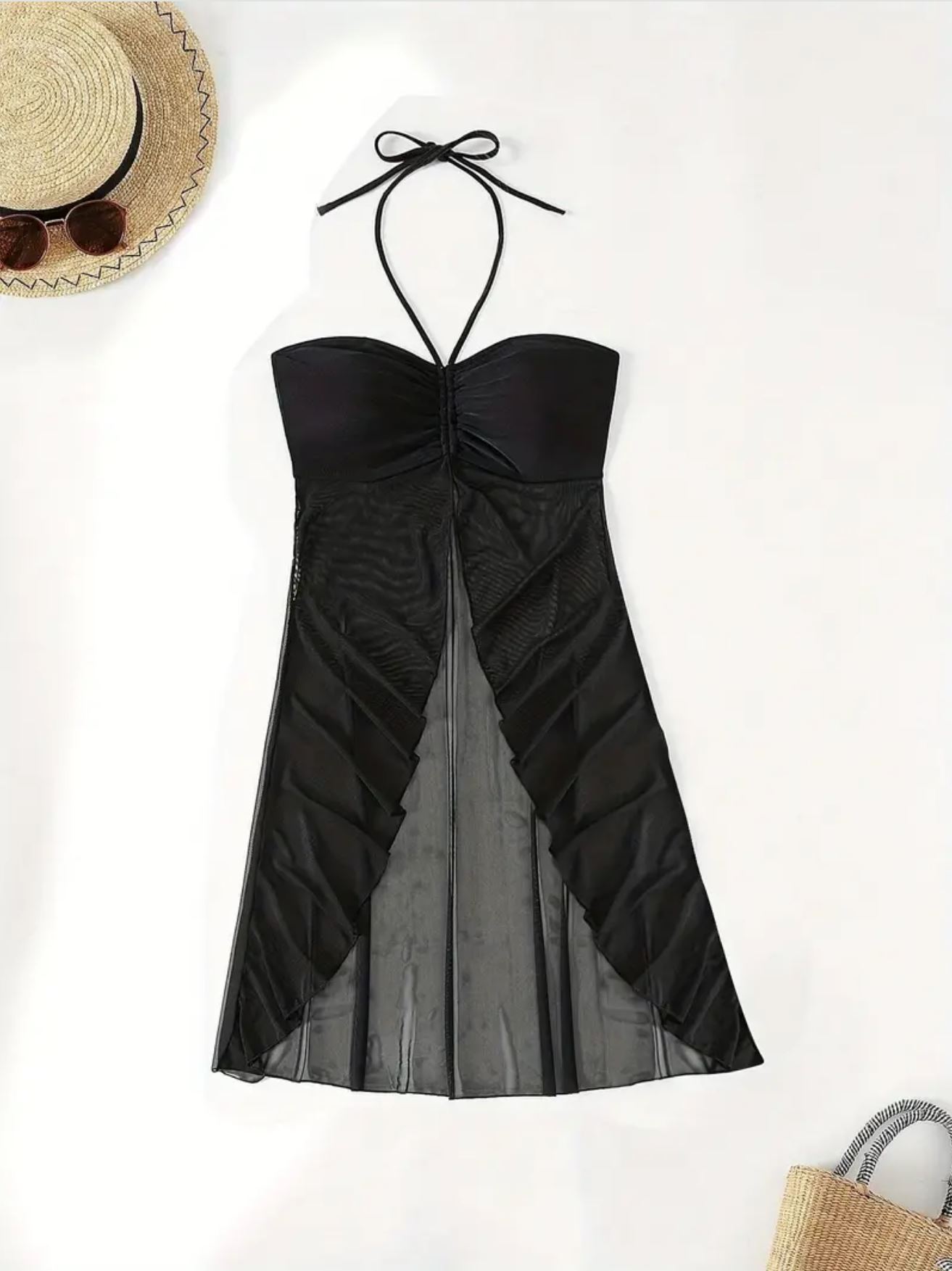 Top estilo halter de malha preta lisa com divisão frontal e amarração no pescoço 02.JPG